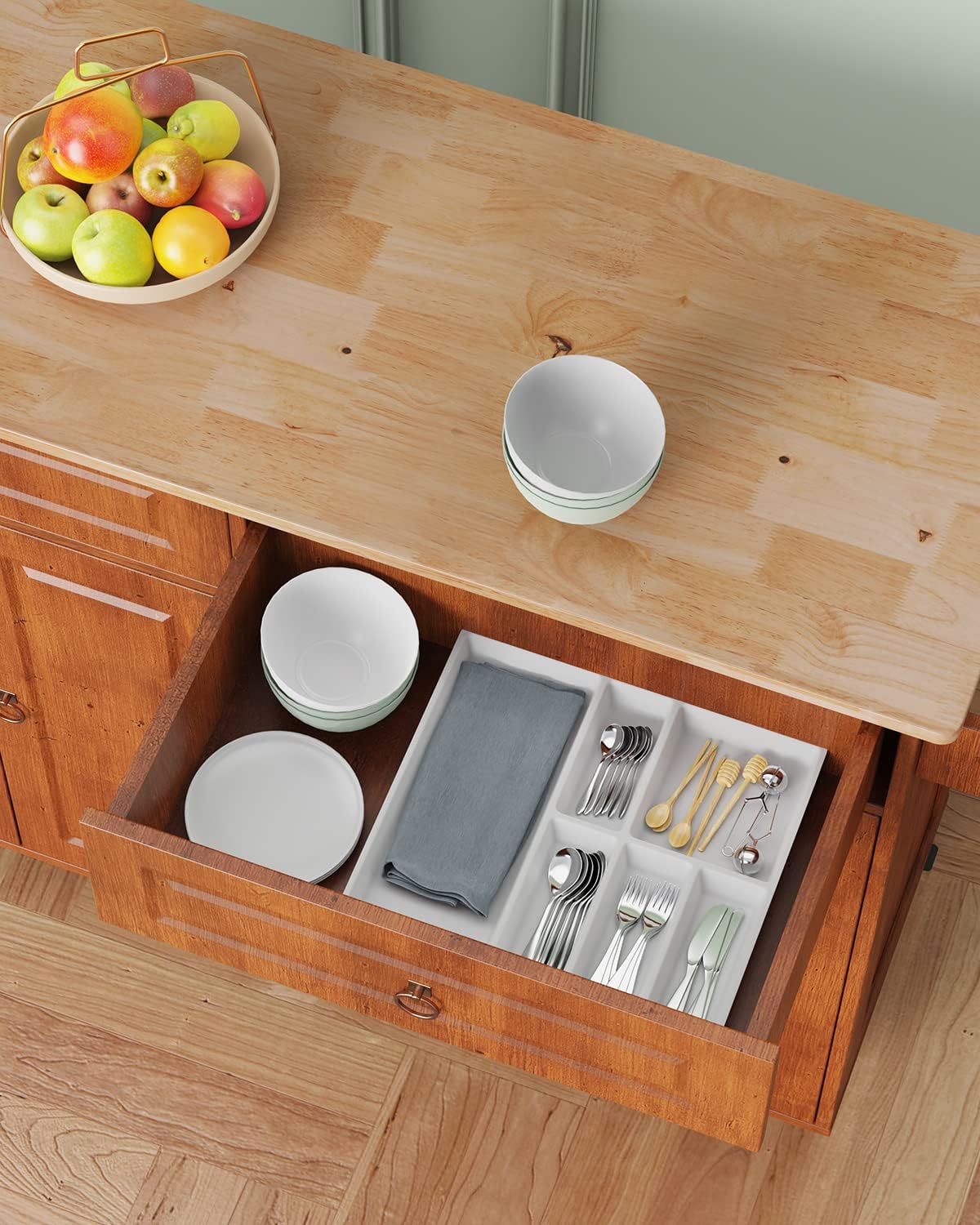 Kitchen Island with Drop Leaf and Storage, on Wheels Two Drawers, Large Storage Cabinet, Towel Rack Spice Cart Brown