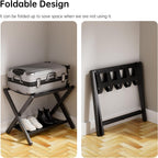 HITNET Luggage Rack for Guest Room, Pack of 2, Suitcase Stand Folding Bedroom, Bamboo Hotel Luggage Holder with Fabric Storage Shelf and Nylon Straps, Black