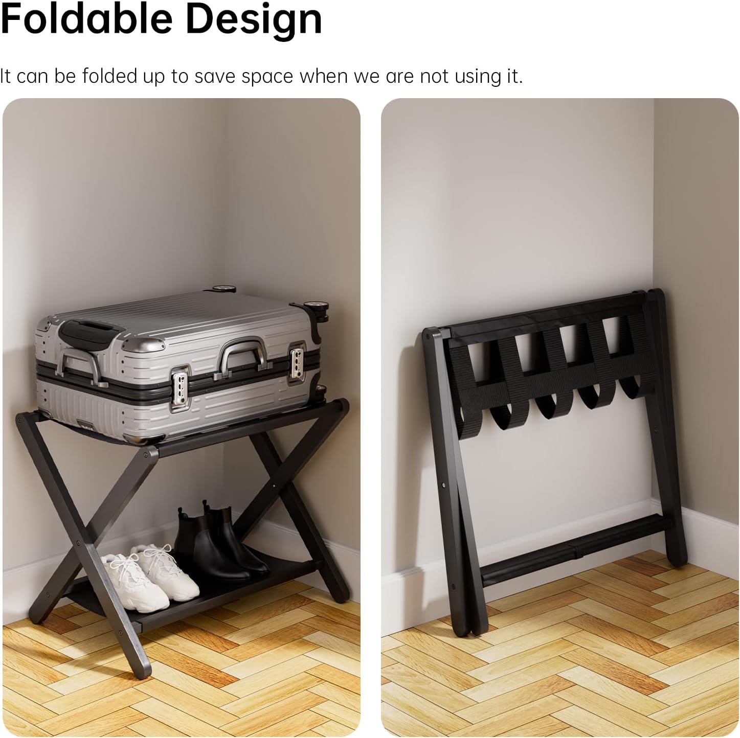 HITNET Luggage Rack for Guest Room, Pack of 2, Suitcase Stand Folding Bedroom, Bamboo Hotel Luggage Holder with Fabric Storage Shelf and Nylon Straps, Black