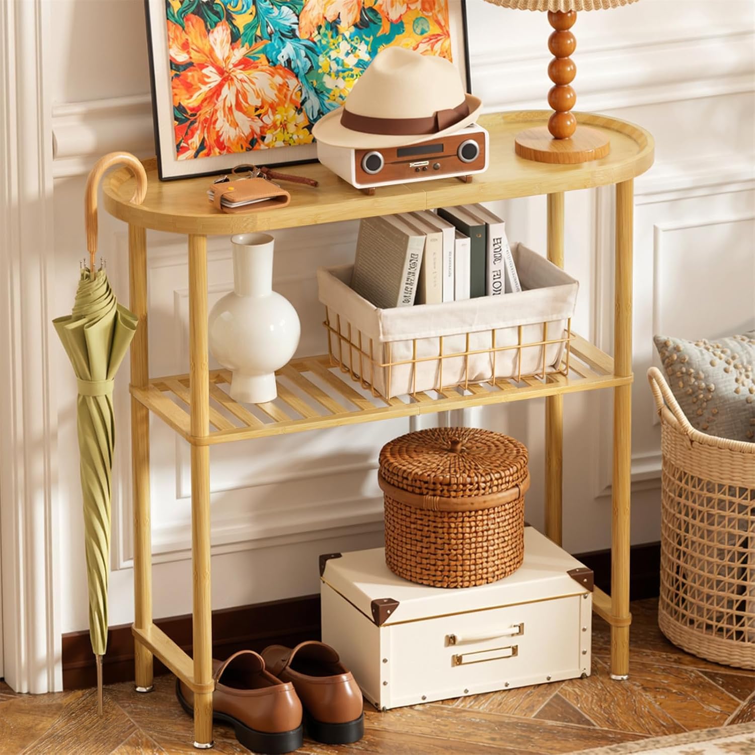 Small Entryway Table Bamboo 30.7", Narrow Hallway Table Oval Top 2-tier, Slim Console Table with Anti-fall Edge, Sofa Side Table 5min Easy Assembly, Small TV Stand for Bedroom, Indoor Plant Stand