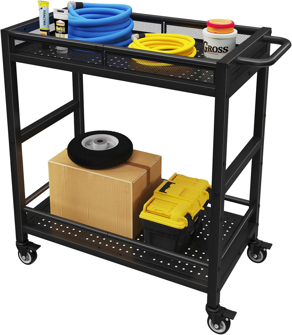 300LBS Heavy Duty Service Utility Cart on Wheels, Metal Rolling Utility Cart with Fences, 2-Tier Service Carts for Garage Garden Warehouse Tool House, Black, 360° Swivel, Ergonomic Handle, Sturdy