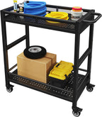 300LBS Heavy Duty Service Utility Cart on Wheels, Metal Rolling Utility Cart with Fences, 2-Tier Service Carts for Garage Garden Warehouse Tool House, Black, 360° Swivel, Ergonomic Handle, Sturdy