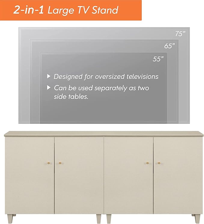 WAMPAT TV Stand Cabinets for TVs up to 75 Inches, 2-in-1 Wood Entertainment Center with Doors and 6 Compartments, 70.8" Modern Media Console Table with Storage for Living Room Bedroom, Beige Linen