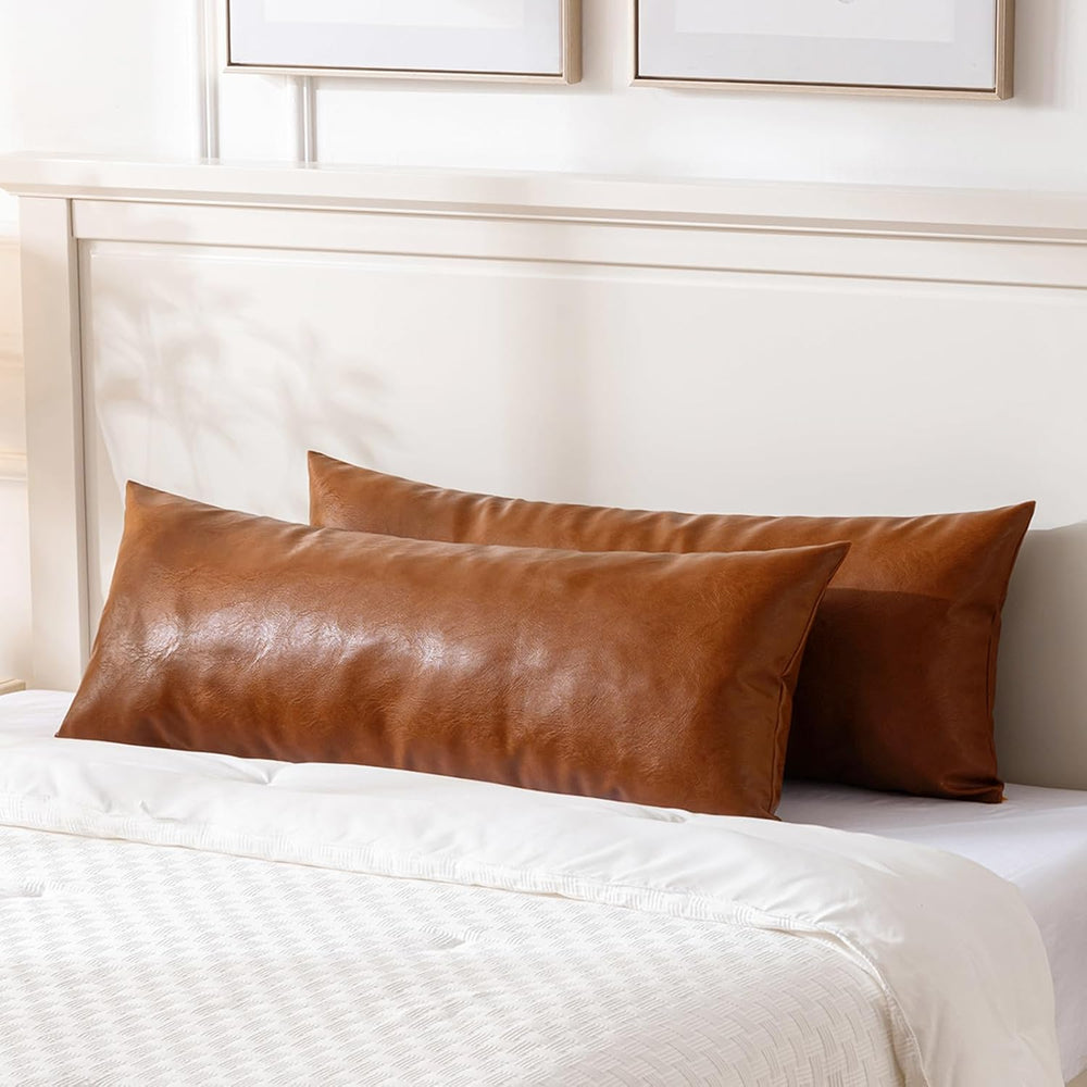Fancy Homi Brown Boho Long Lumbar Faux Leather Body Decorative Throw Pillow C...