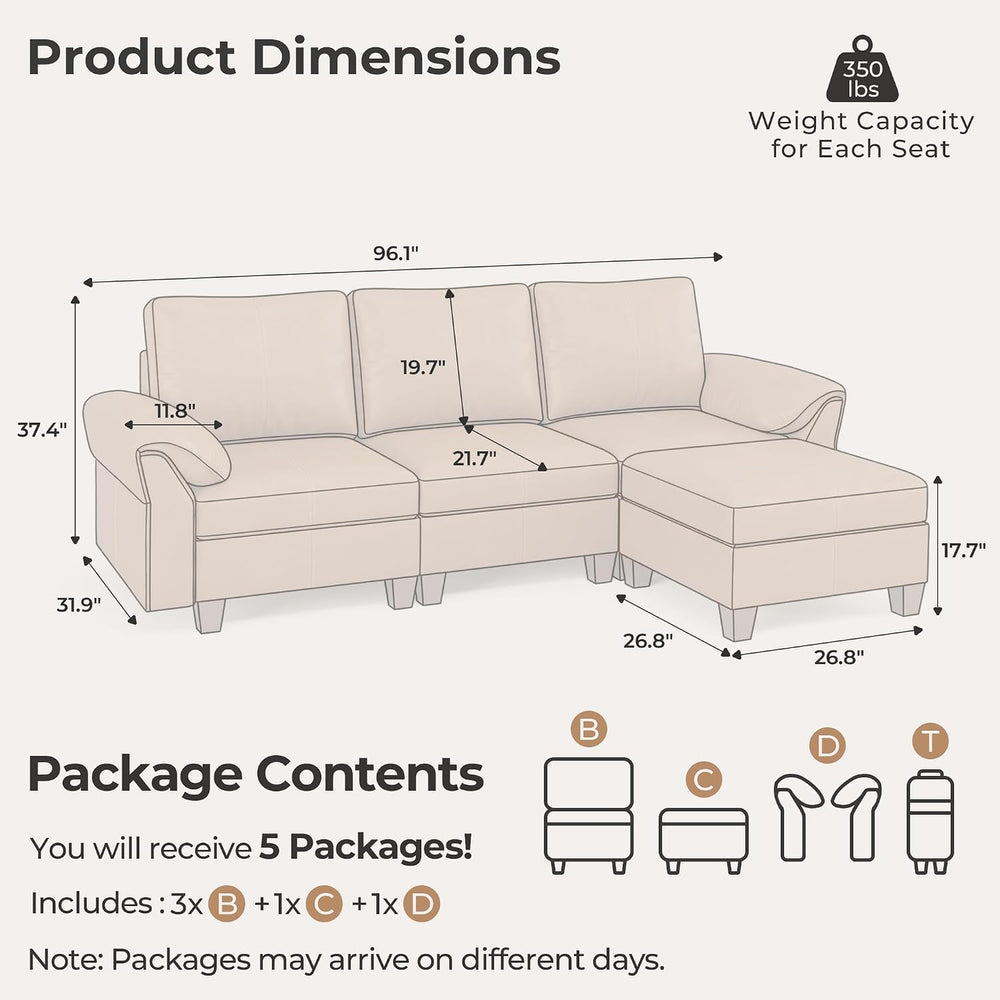 SITJOY Faux Leather Modular Sectional Sofa with Storage, Mid Century Modern S...
