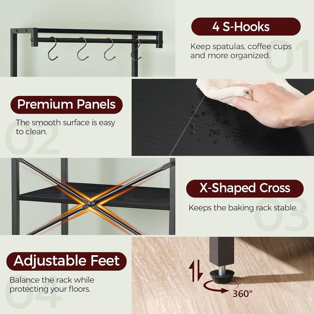 MAHANCRIS Bakers Rack with Drawer, Microwave Stand with Power Outlet, Coffee Bar Station with 4 Hooks, Kitchen Storage Shelf Rack 4 Tiers, for Kitchen, Dining Room, Black BRBK48E01