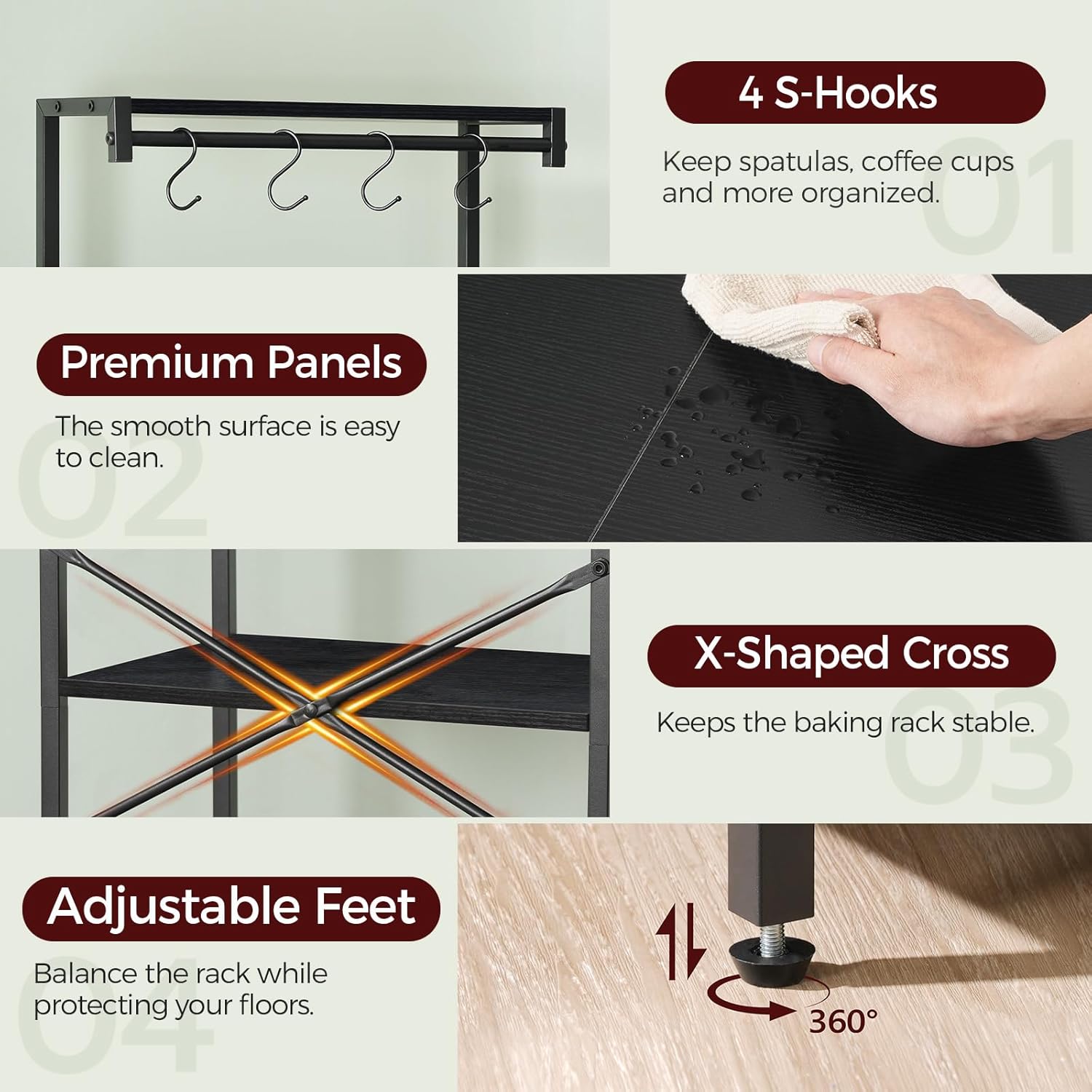 MAHANCRIS Bakers Rack with Drawer, Microwave Stand with Power Outlet, Coffee Bar Station with 4 Hooks, Kitchen Storage Shelf Rack 4 Tiers, for Kitchen, Dining Room, Black BRBK48E01