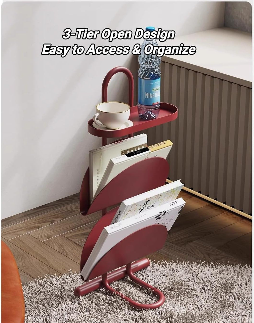 Metal 3-Tier Side Table with Magazine Rack, Small End Table with Open Storage...