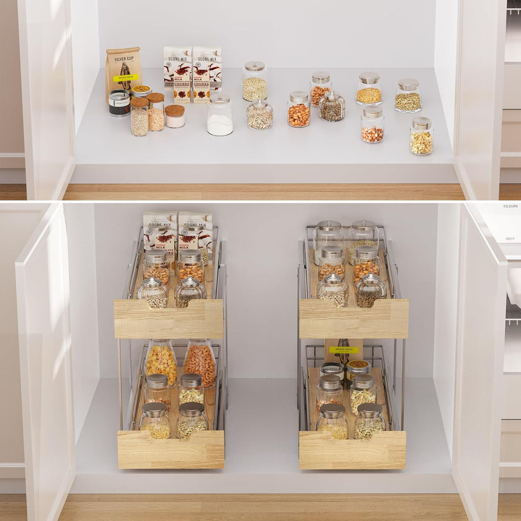 Pull Out Cabinet Organizer,Heavy-Duty Slide Out Shelf, Wood and Wire Basket, Pull Out Drawer for for Kitchen Under Sink Space, Pantry, Bathroom, 2 Tie 9 * 21 in