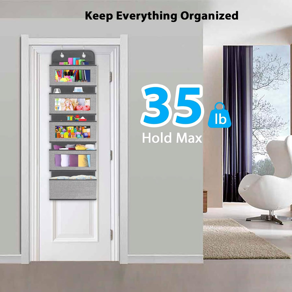 2 Pack Over the Door Hanging Organizer with 5 Large Pocket and Clear Window, Sturdy Over the Door Storage Organizer for Closet, Pantry, Bathroom,Bedroom, Nursery, Dorm (Grey)