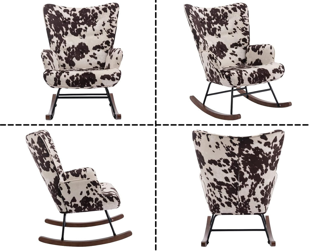 Shunzhi Modern Nursery Rocking Chair with Armrest, Upholstered Lazy Chair Tufted Side Chair Padded Reading Chair Comfy Club Chair Accent Chair for Living Room Bedroom Office Small Spaces, Cow