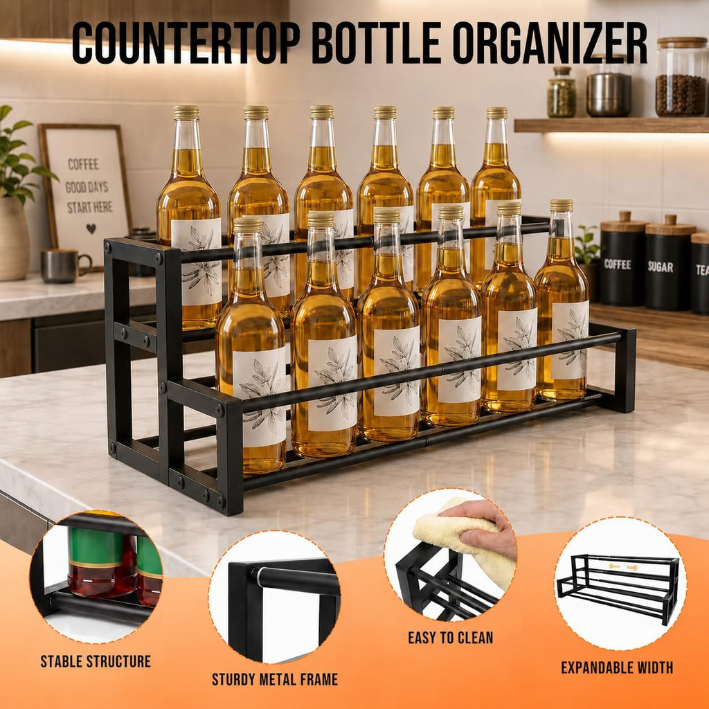 Large Expandable Coffee Syrup Organizer, Syrup Rack for 8-16 Bottles | 17.5 to 29 Inch Adjustable Width, Heavy-Duty Metal Syrup Stand, Countertop Coffee Bar Organizer for Kitchen, Cafe & Home Bar