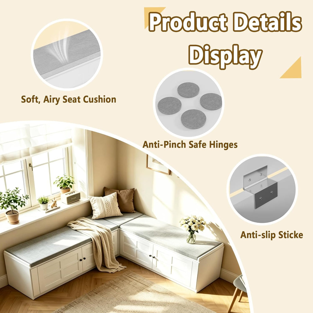 L-Shape Storage Bench with Cushion, Backless Corner Dining Nook Bench with Hi...
