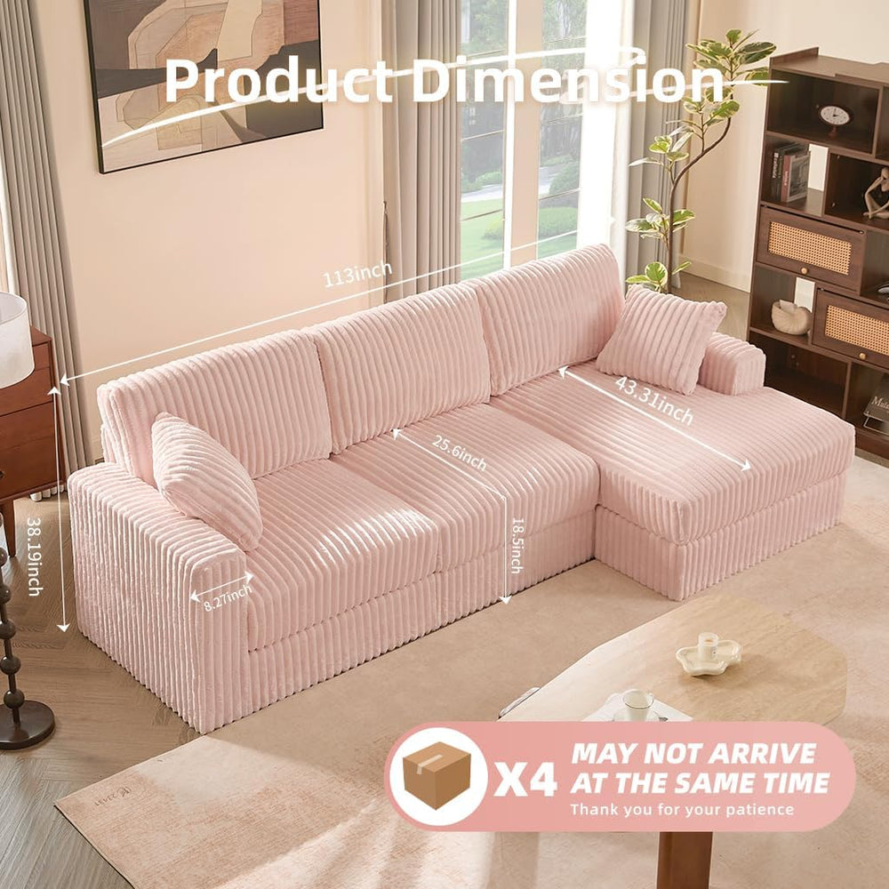 GOSUHI 113" L-Shaped Cloud Couch, Modular Sectional, Deep Seats, Pink | ...