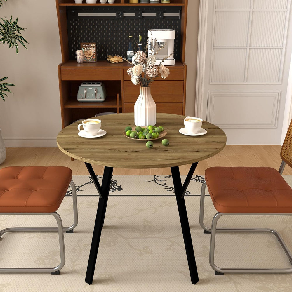 Round Dining Table with Metal Black Legs,35.43 Inch Circle Brown Kitchen Tabl...