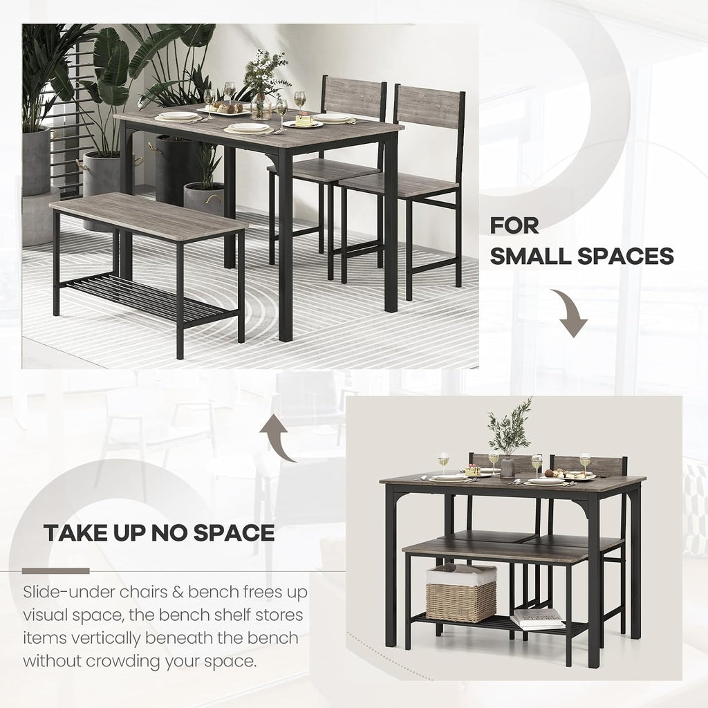 NAFORT Kitchen Table Set for 4, Industrial Dining Table with 2 Chairs & Storage Bench, Rustic Wood & Metal 4-Piece Dining Set for Small Space, Apartment, Kitchen & Dining Room