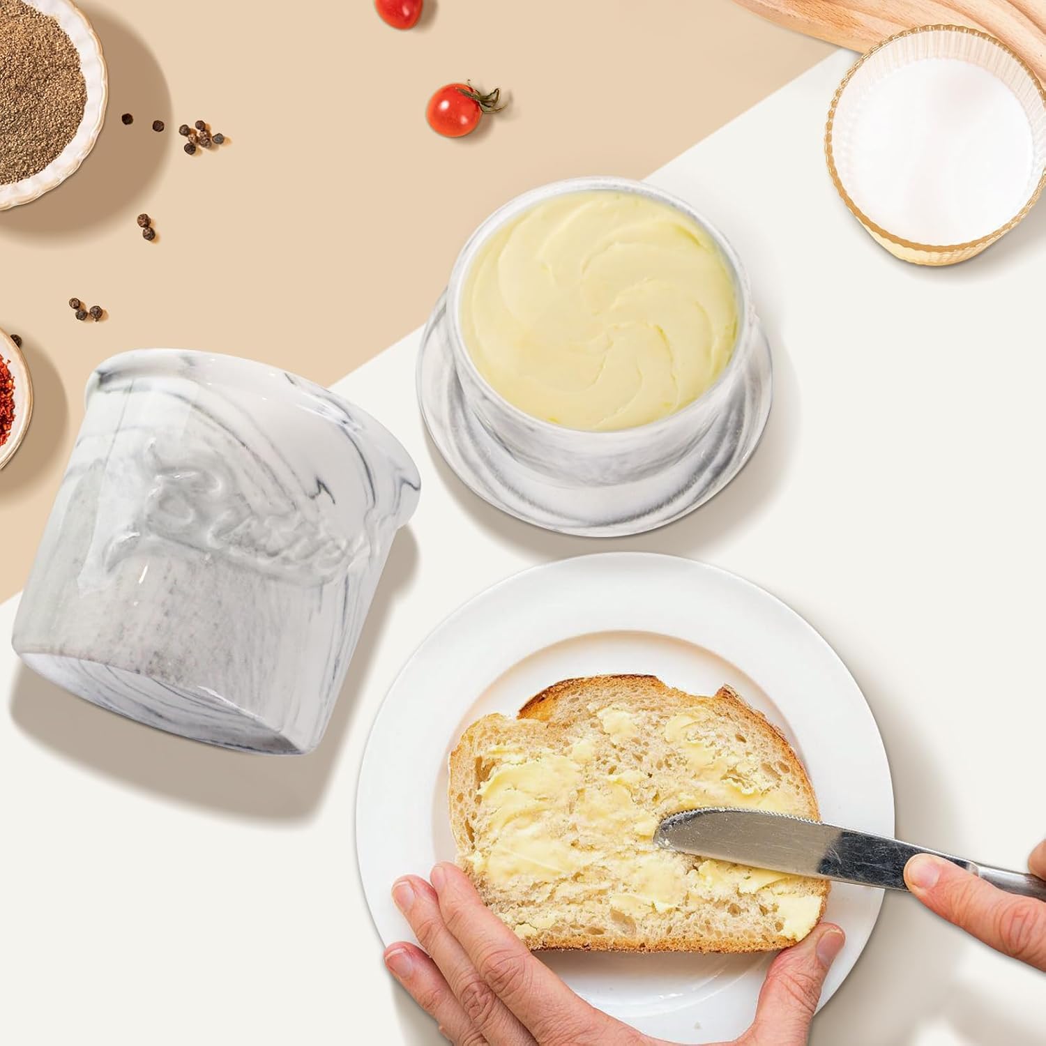 Butter Crock for Counter with Water, French Butter Keeper for Spreadable Butter Marble Ceramic Butter Dish with Lid for Countertop, Butter Container Holder