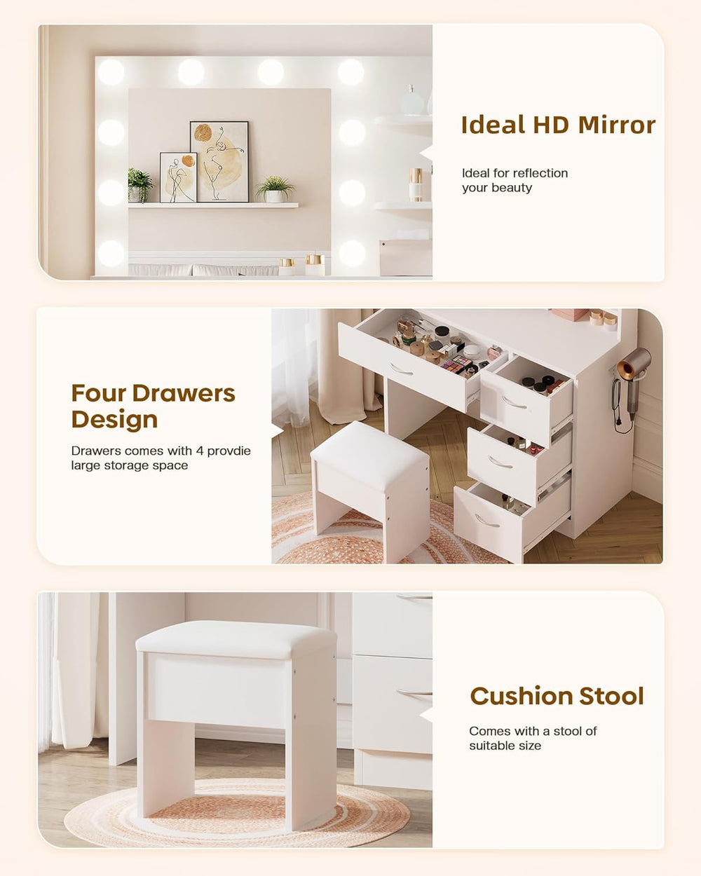 LIVELYGLOW White Makeup Vanity Desk with Charging Station & 4 Drawers | 1...