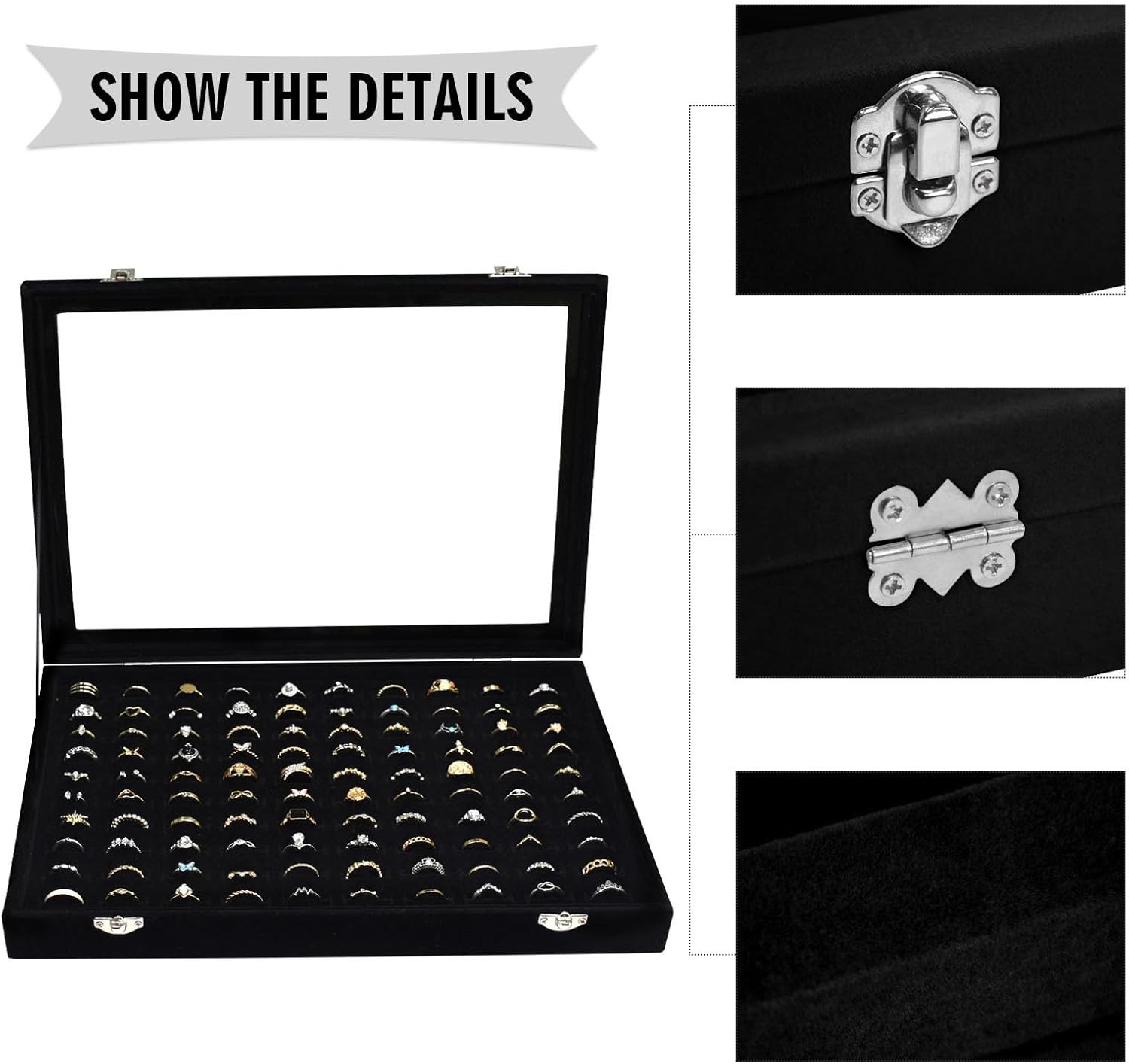 Velvet Ring Display Tray Organizer Box with Transparent Lid, 100 Slot Ring Holder Showcase For Store Display Jewelry Show Home, Ring Organizer For Rings Earrings (Black)