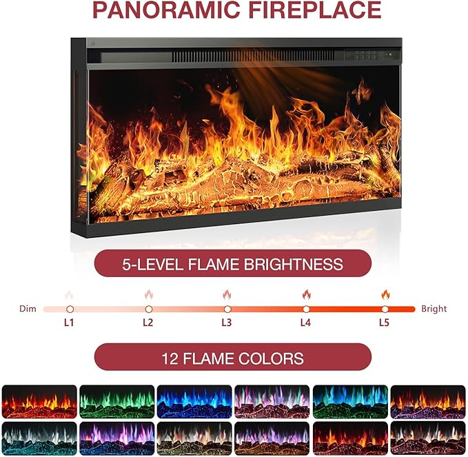 oneinmil 36 Inch 3-Sided Glass Fireplace TV Stand for TVs up to 80", Rustic Media Entertainment Center Console Table with Glass Door Closed Storage, Set of TV Table, Black
