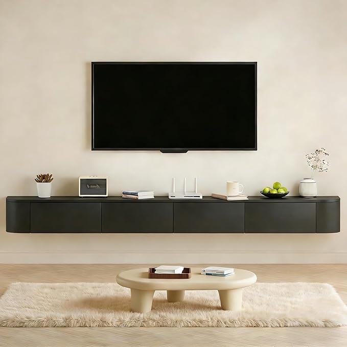 SHGJ&SOFT Floating TV Stand Wall Mounted Media Console with Door Entertainment Centerwith Storage Cabinets, Wall Mounted TV Shelf for Bedroom,Living Room (Black, 78.7IN)