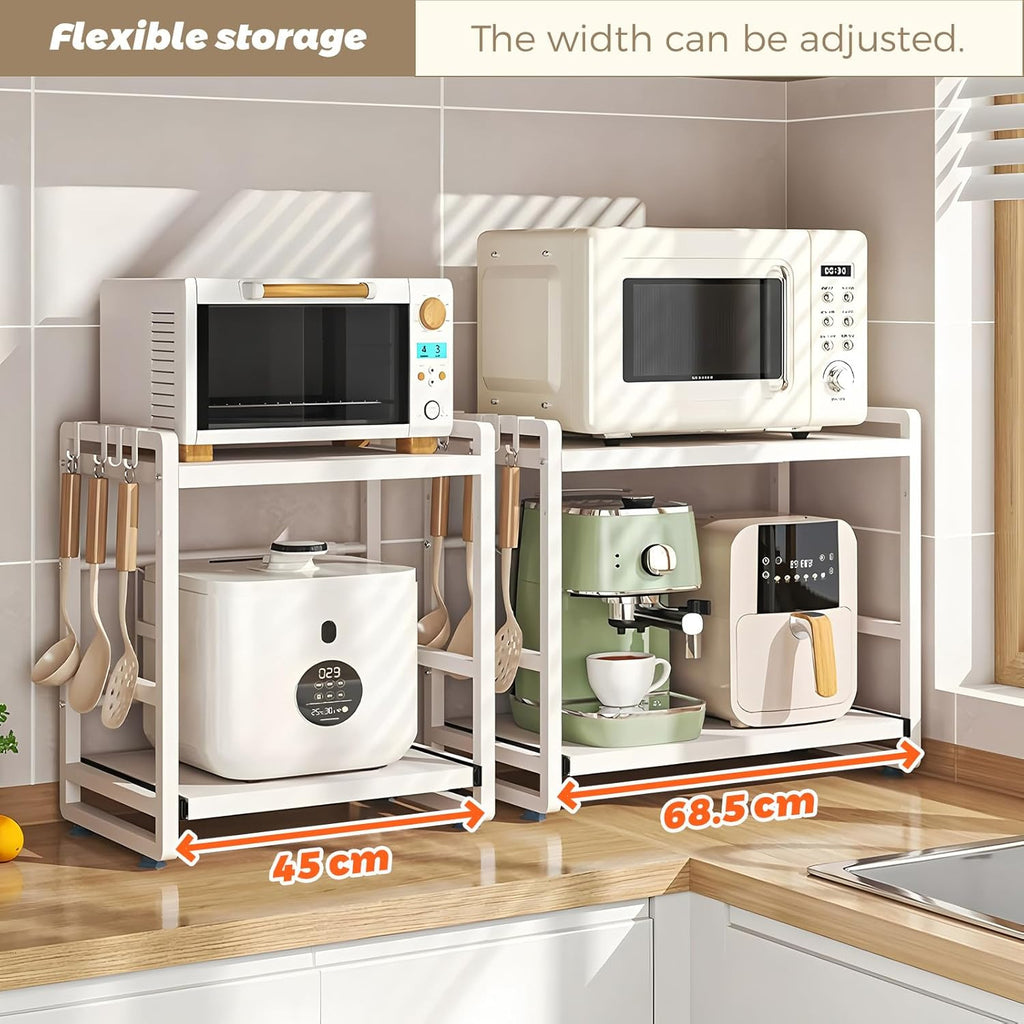 2-Tier Microwave Rack - Height Adjustable & Extendable Kitchen Shelf with Drawer - Carbon Steel - Includes Hooks & Reinforcement Suction Cups - Easy Assembly (White)