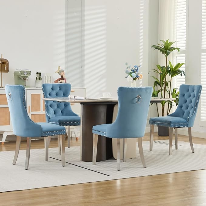 Mid Century Modern Dining Chairs Set of 4, Velvet Upholstered Kitchen & Dining Room Chairs with Nailhead Trim & Brushed Silver Metal Legs, Tufted Kitchen Chairs, Sillas De Comedor (Sky Blue, 4 Pcs)
