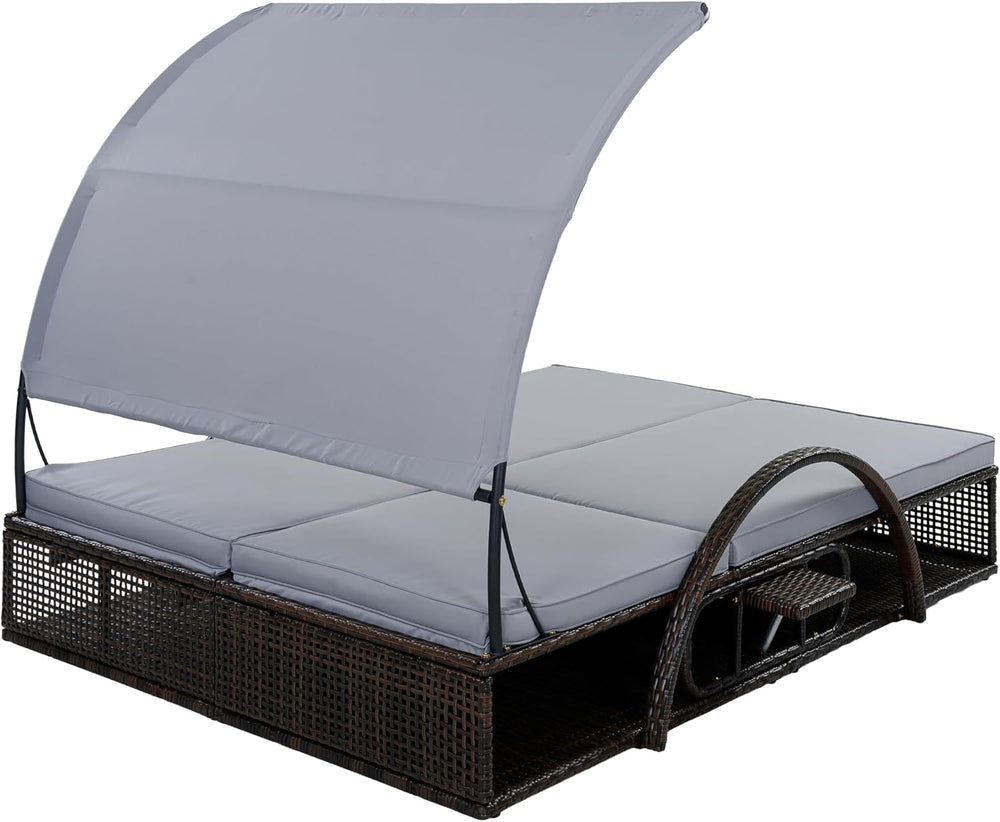 Outdoor Sun Lounger with Adjustable Backrest,Canopy, Patio Double Sunbed with...