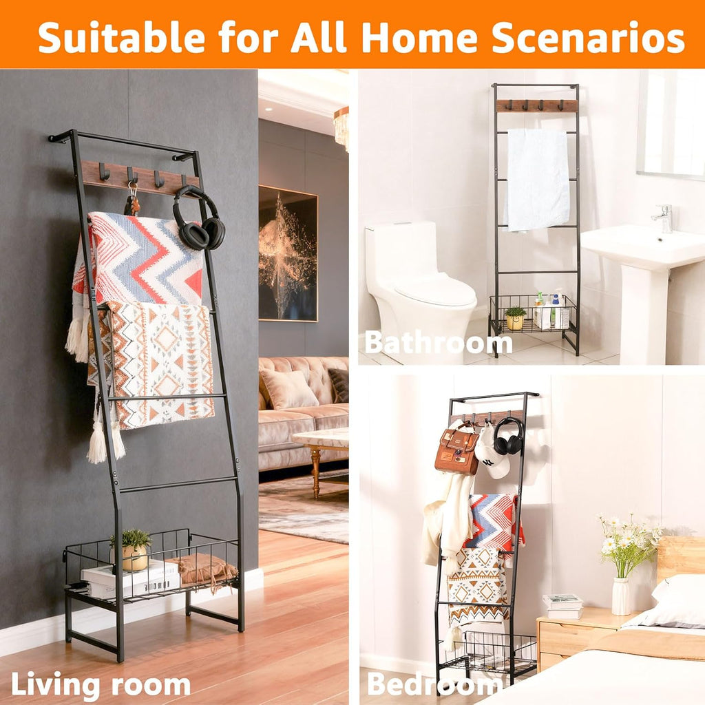 Metal Blanket Ladder with Basket, 5 Tier Black Blanket Ladders for the Living Room with Hooks, 5.2ft Wall Leaning Quilt Ladder for Blankets, Towels & Throws, Farmhouse Decor