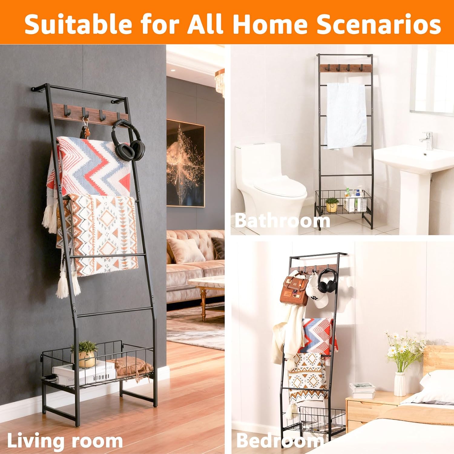 Metal Blanket Ladder with Basket, 5 Tier Black Blanket Ladders for the Living Room with Hooks, 5.2ft Wall Leaning Quilt Ladder for Blankets, Towels & Throws, Farmhouse Decor