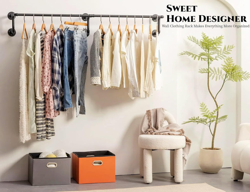 Wall Clothes Rack, Industrial Pipe Clothing Rack for Hanging Clothes, Wall Mounted Heavy Duty Space Saving Garment Racks, Multi-Purpose Clothing Hanging Rods for Closet Storage, Black