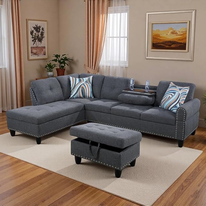 L-Shaped Sectional Sofa with Movable Chaise & Storage Ottoman, Lounge 3-Piece Modular Convertible Couches for Living Room, Apartment & Office, Dark Grey