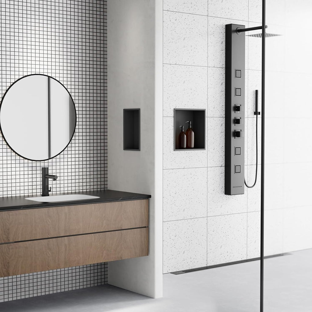 Achelous Stainless Steel Insert Shower Niche 12" X 12", No Tile Needed, Recessed Shower Shelf Organizer, Matte Black