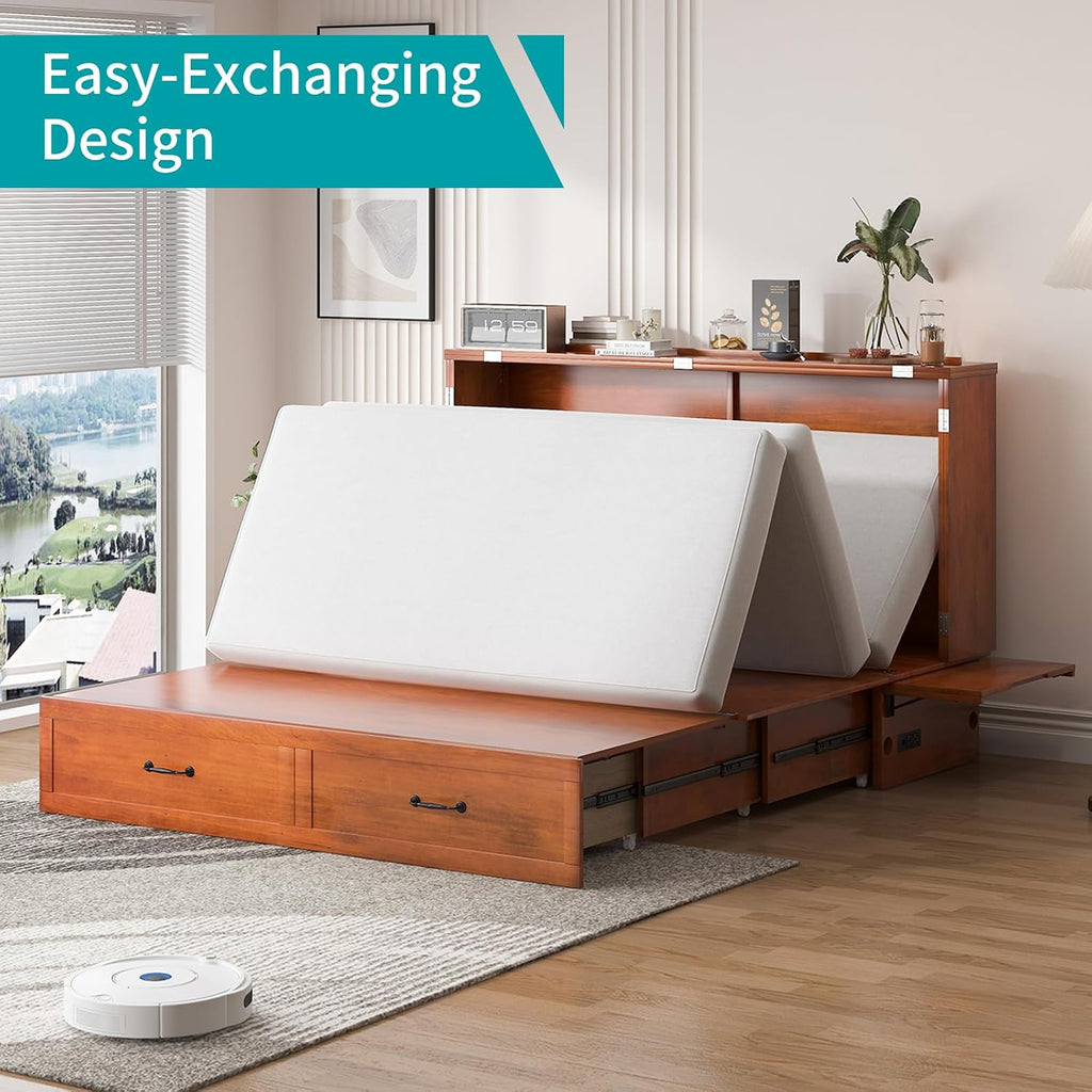 BALUS Queen Murphy Bed with Mattress Included, Chest Murphy Bed -Cherry | Tri-Fold Mattress, USB Charing Station, Spacious Drawer, Space Saving, Queen Bed Frame