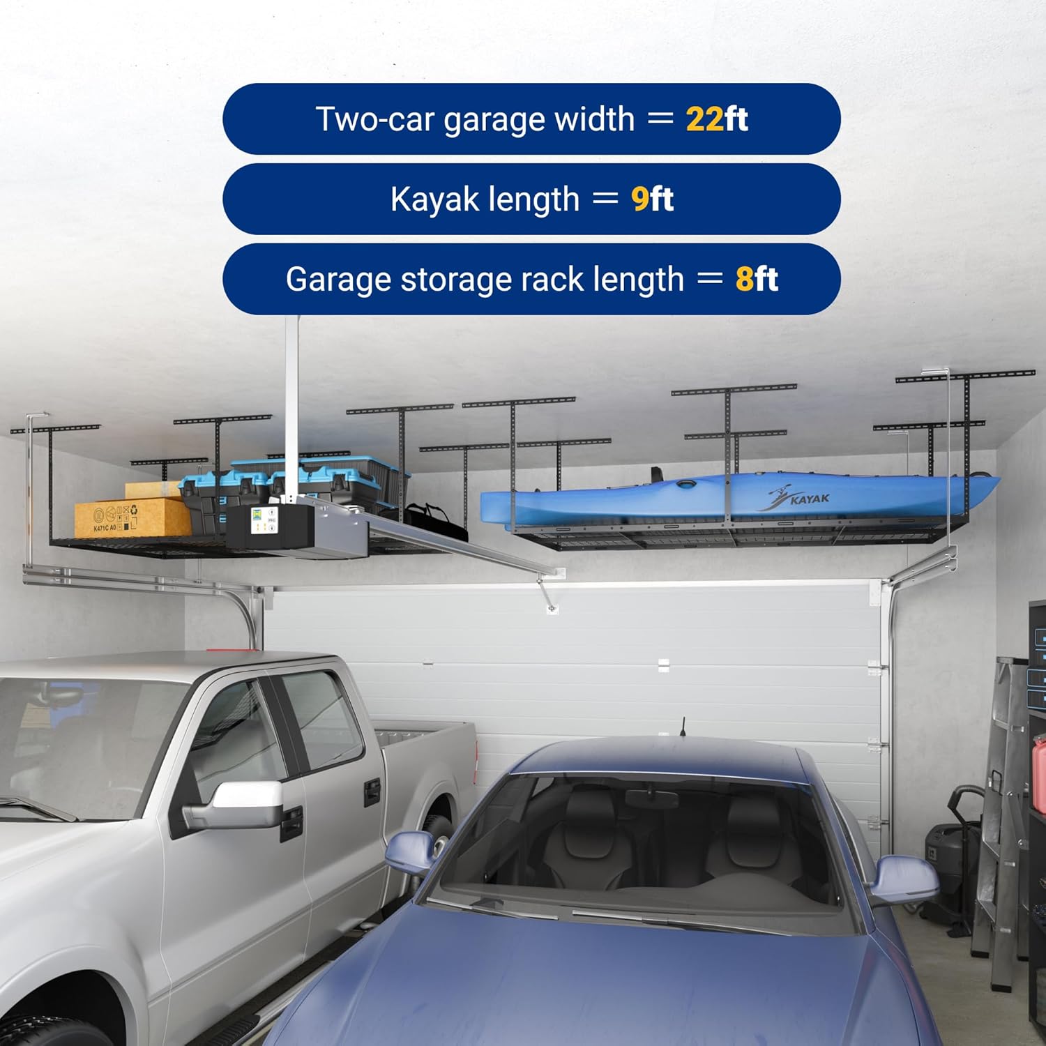 FLEXIMOUNTS 4x8 Overhead Garage Storage Rack, Adjustable Organization System, Heavy-Duty Metal Ceiling Racks, 750lbs Weight Capacity, Black, Classic Series