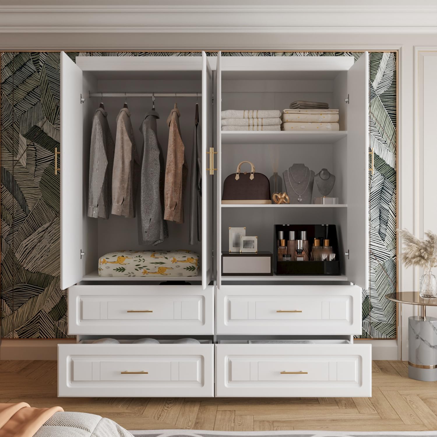74.2" Tall Closet Storage Cabinet for Bedroom, Almirah for Clothes,White Standing Wardrobe Storage Closet Cabinet with 4 Doors and Shelves, Armoire Wardrobe with 4 Drawers and Hanging Rod