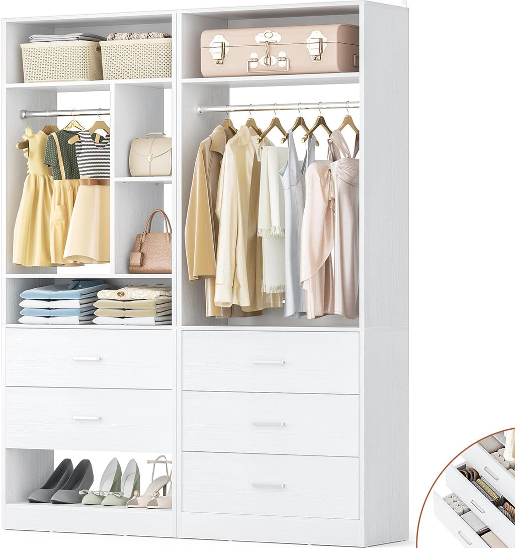 Besiost 4FT Closet Systems with 5 Drawers, 48" Closet Organizer System | Wood Closet Organizer with 2 Hanging Rods & 7 Shelves, Heavy Duty 48" Walk-in Closet for Nusery, White (48"L x 15" W x 80" H)