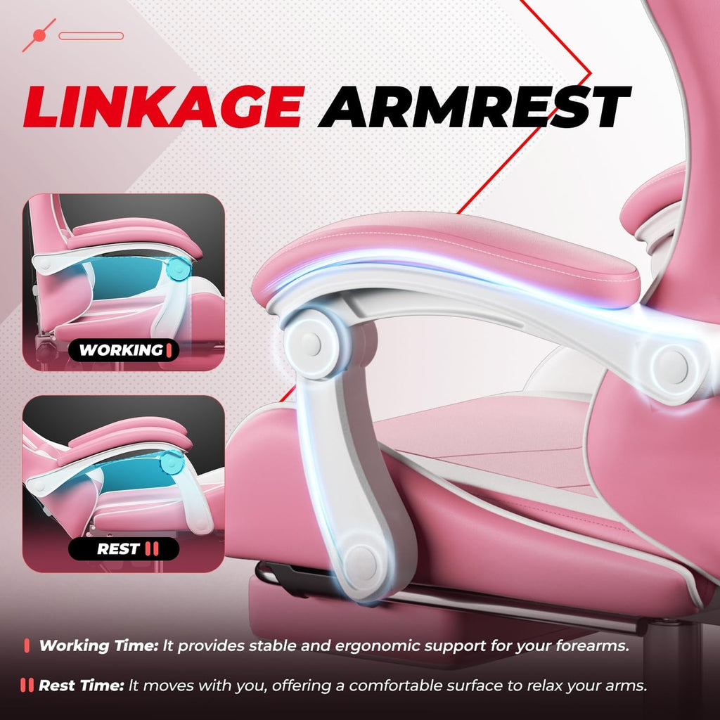 Auto Dynasty Ergonomic Gaming Chair, High-Back Office Chair w/Adjustable Lumbar Support, Linkage Armrest, Headrest & Footrest, 350LBS Recliner Swivel Computer Game Racing Chair, Pink/White
