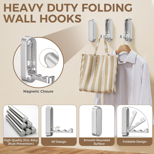4-Pack Heavy Duty Zinc Alloy Folding Wall Hooks for Bathroom, Kitchen, Entryway, Closet - Space-Saving Design Holds Coats, Towels, Backpacks, Hats, Keys (Silver)