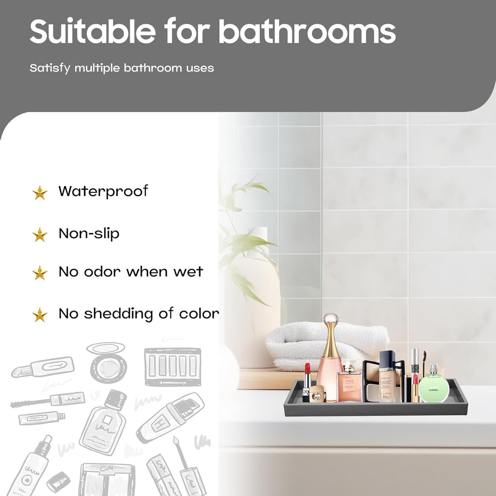Vanity and Bathroom Tray, 11.8" ABS Countertop Organizer,Waterproof Vanity Tray for Toilet Tank,Perfume,Soap,Keys,Bathroom Accessories,Kitchen and Bath Trays,Non Slip Small Trays,Black