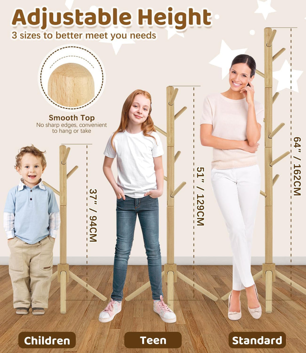 Beech Wood Kids Coat Rack - Adjustable Height Stand with 9 Hooks, Freestanding Children's Clothing Organizer for Hallway, Bedroom, Easy Assembly (Natural)