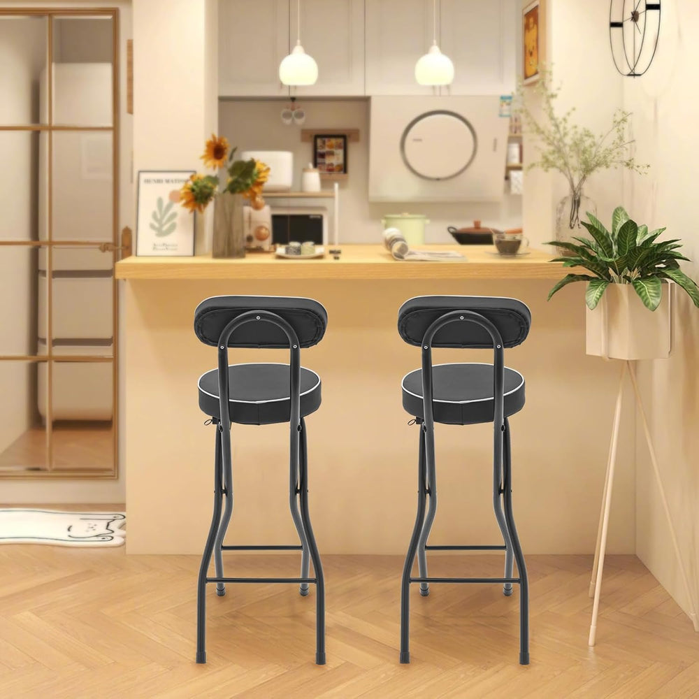 2Pcs-Folding Bar Stool with Back, Black Tall Foldable Chair Counter Height Co...