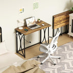 Small Desk, 31.5" Folding Table for Bedroom with Power Outlet, Space Saving Folding Computer Desk for Home Office, Easy Assembly, Brown