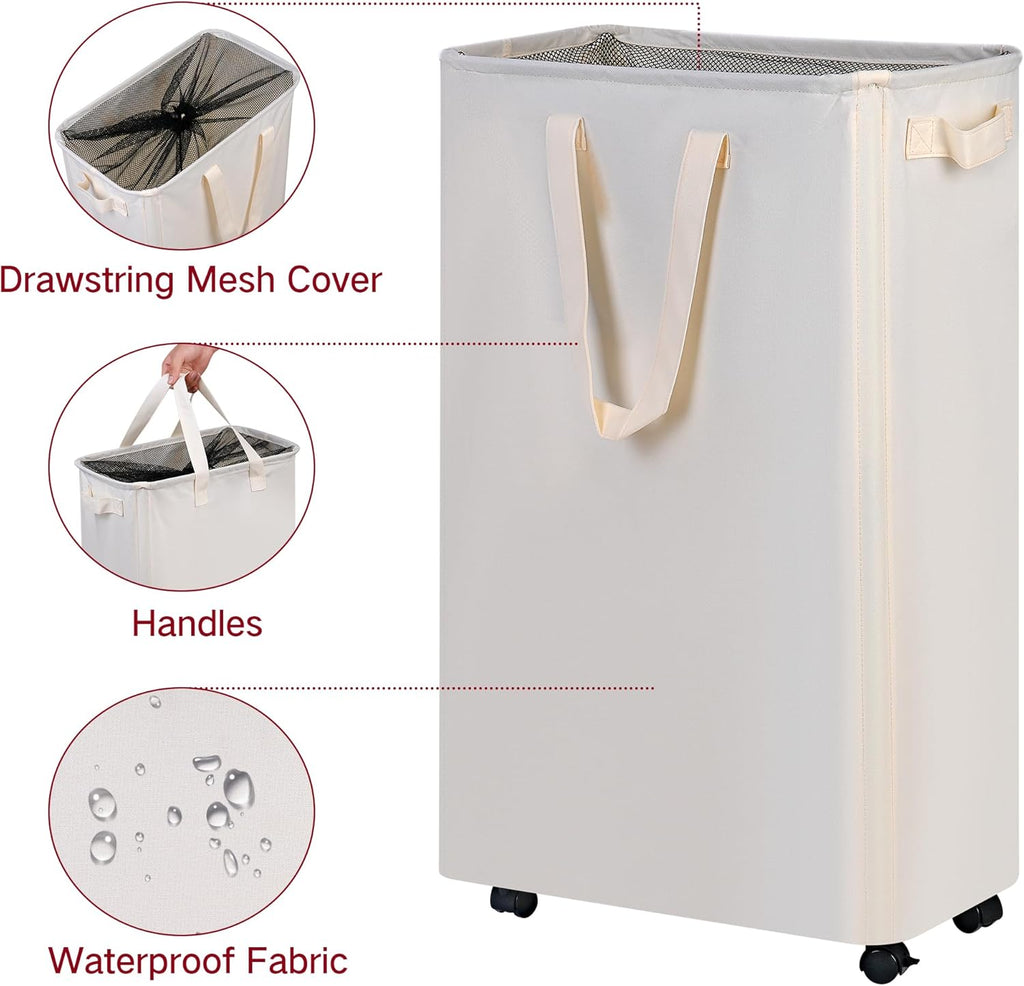 Slim Laundry Hamper with Wheels, Rolling Laundry Basket for Clothes, Small Laundry Basket for Bedroom, Dorm and Laundry Room, 75L (19.8 Gallons) Beige