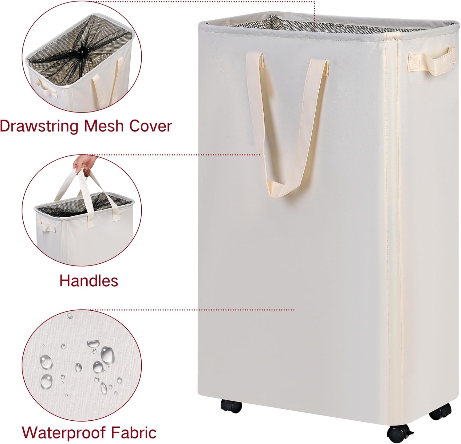 Slim Laundry Hamper with Wheels, Rolling Laundry Basket for Clothes, Small Laundry Basket for Bedroom, Dorm and Laundry Room, 75L (19.8 Gallons) Beige