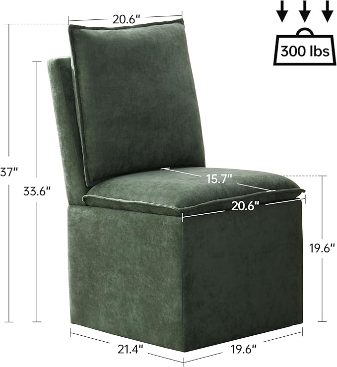 VKNOW Upholstered Dining Chairs, Modern Rolling Chairs with Storage and Wheels, Linen Armless Chair with Cushion and Backrest, Dining Room Chairs for Living Room Kitchen Bedroom, Green