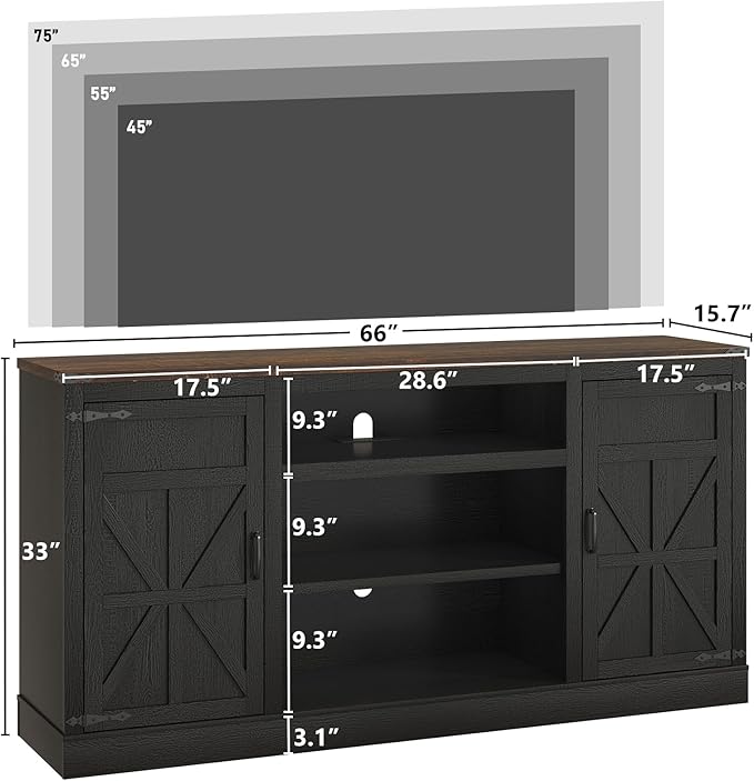 66" Farmhouse TV Stand with Power Outlets for 75 Inch TVs, 33" Tall Entertainment Center with Storage Cabinets w/Adjustable Shelves, Rustic Large TV Media Console for Living Room, Black