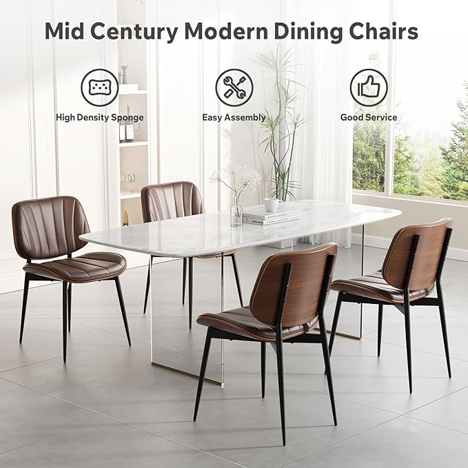 Dining Chairs Set of 4, Mid Century Modern Dining Room Chairs, Upholstered Faux Leather Kitchen Chairs with Walnut Bentwood Back and Metal Legs