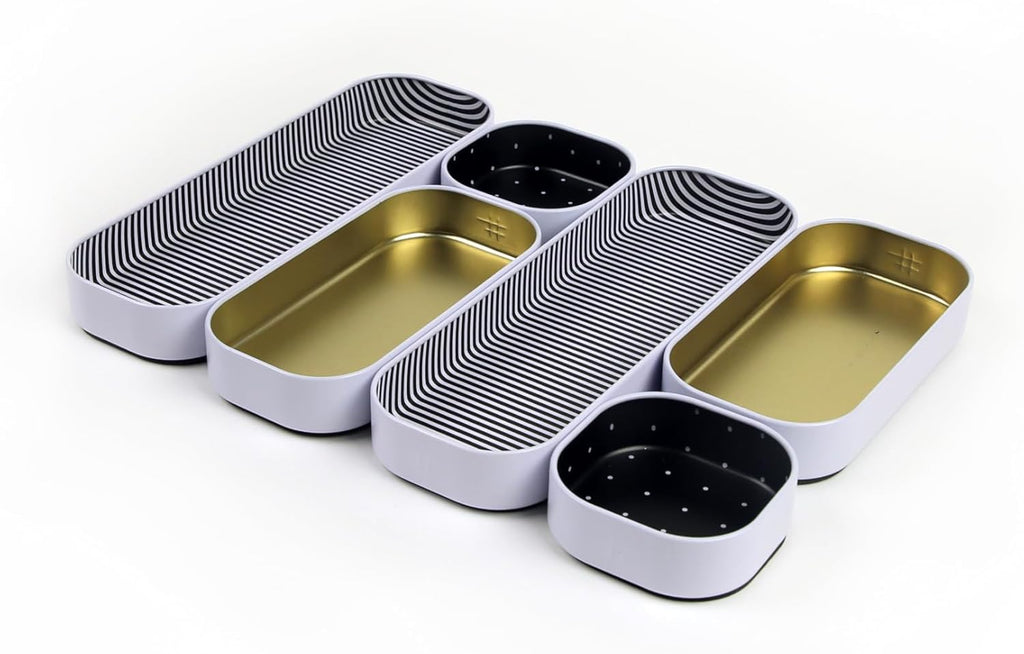 Three by Three Seattle 6 Piece Shallow Metal Organizer Tray Set for Storing Makeup, Stationery, Utensils, and More in Office Desk, Kitchen and Bathroom Drawers (1 Inch, Gold Dots and Stripes)