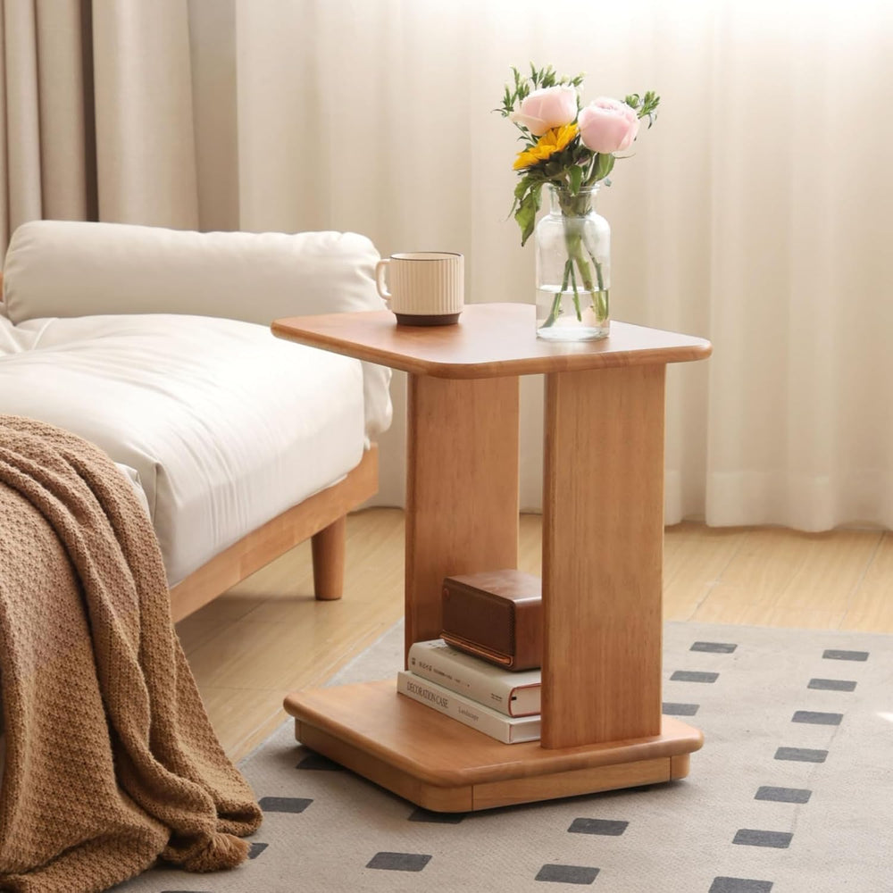 YESWOOD C Shaped End Table, Solid Wood Side Table, Small Rolling Side Table w...